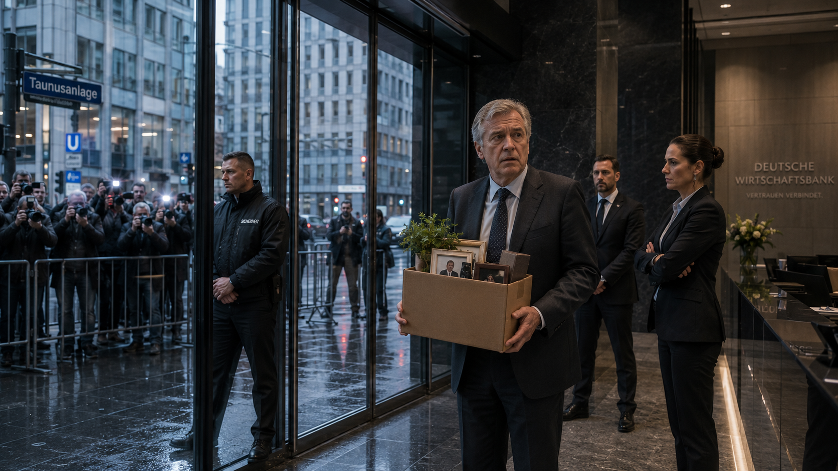 Banker verlässt ein modernes Bürogebäude mit einer Kartonschachtel voller persönlicher Gegenstände